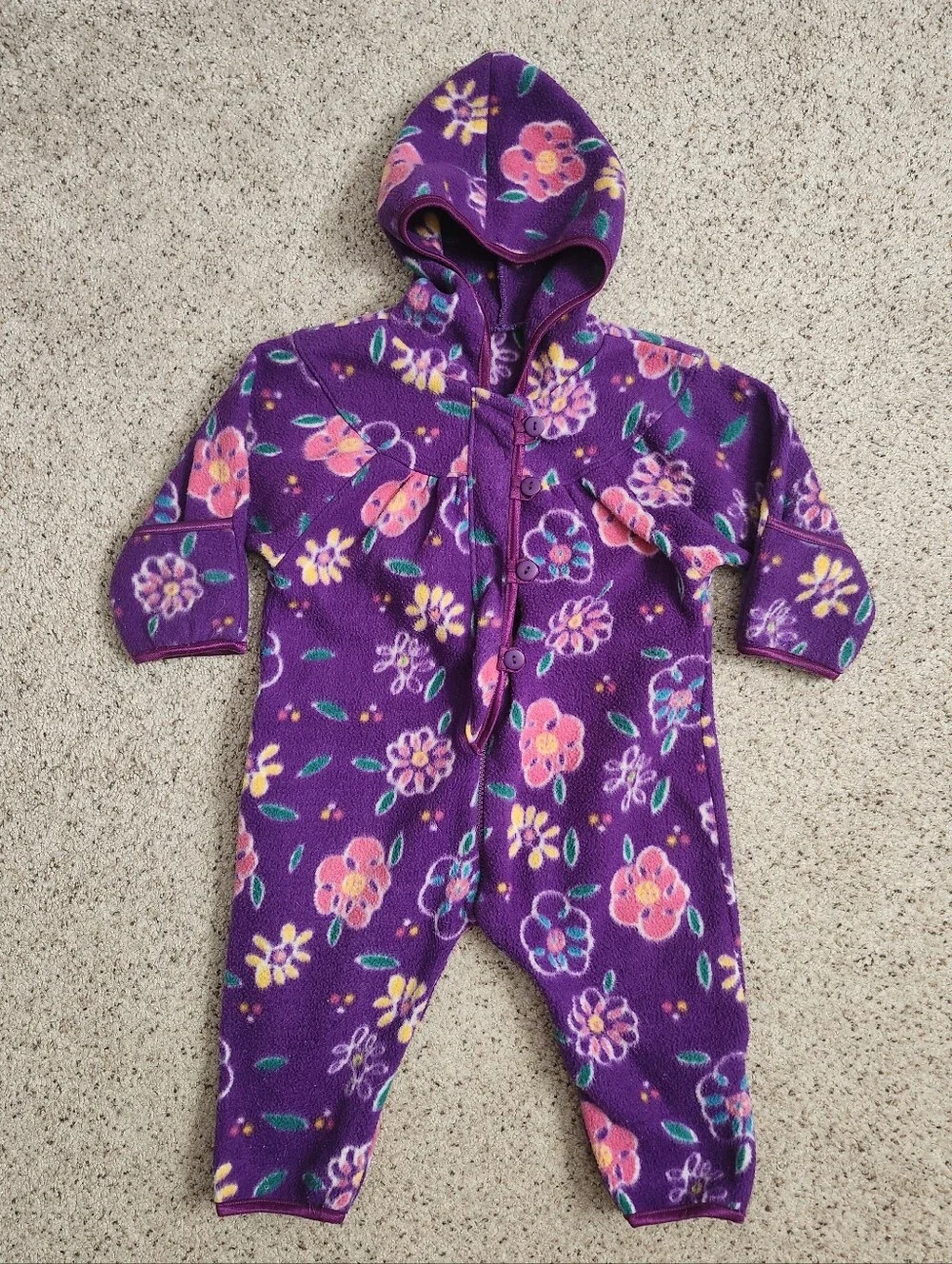 Vintage Purple Floral Fleece Hooded Winter Jumpsuit